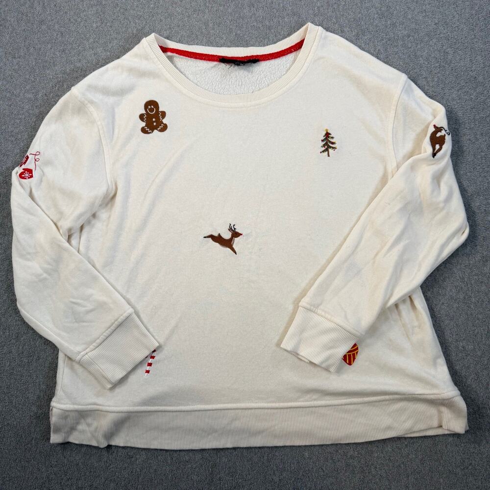 Jane + Delancey Women's Medium Cream Christmas Holiday Embroidered Sweatshirt